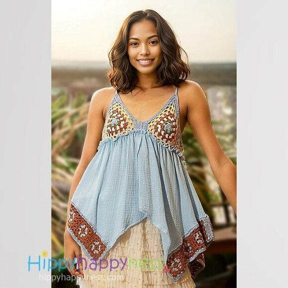 POL Swing Top light blue with crocheted granny squares size Small NWT - Picture 1 of 10